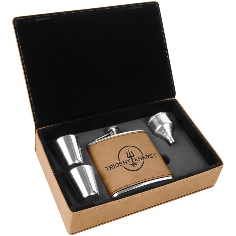 FSK301 - 6 oz. Light Brown Laserable Leatherette Flask Gift Set FSK301 - 6 oz. Light Brown Laserable Leatherette Flask Gift Set